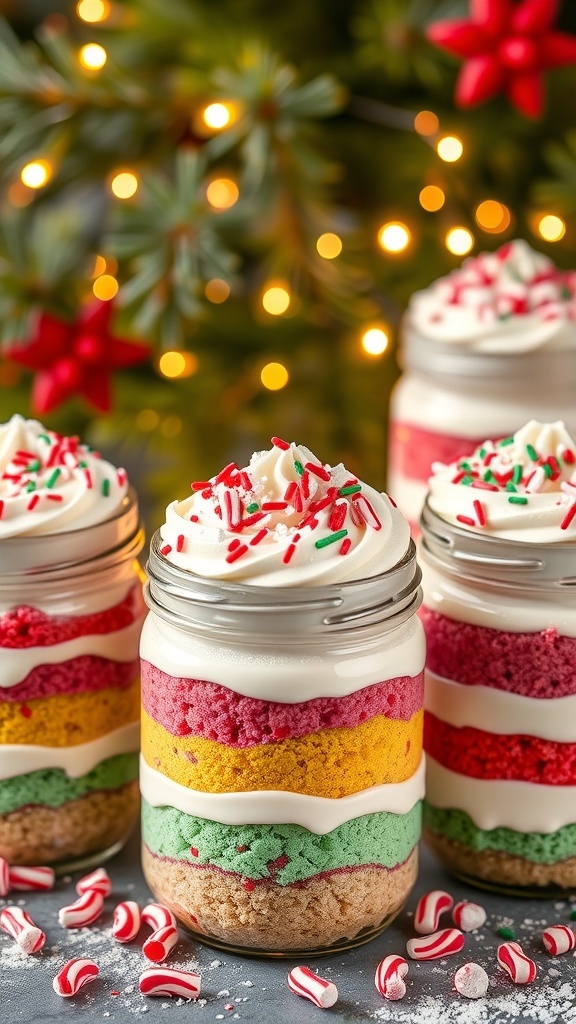 Festive Christmas cake jars layered with cake and frosting, topped with candy canes and sprinkles, displayed with holiday decorations.